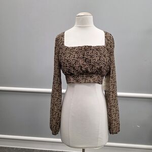 Altar'd State Brown Floral Cropped Long Sleeve Blouse NWT